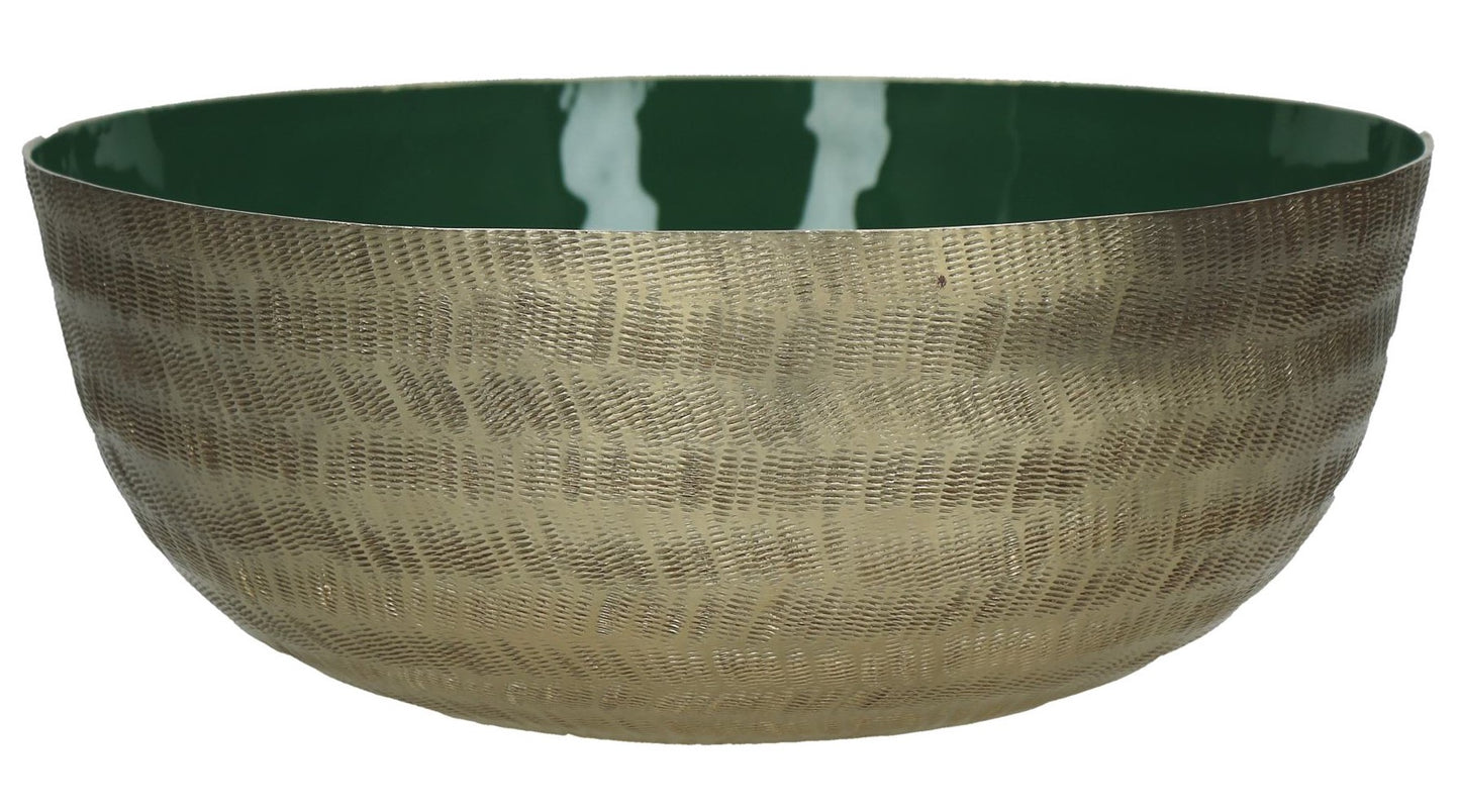 Metall-Schale D 26,5 cm, H 10 cm, außen mattgold, innen Tannengrün lackiert