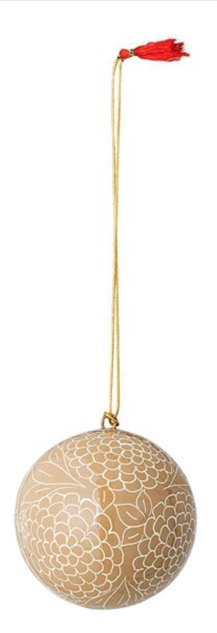 Pappmaché-Kugel D 7,5 cm mustard, florales Muster weiß