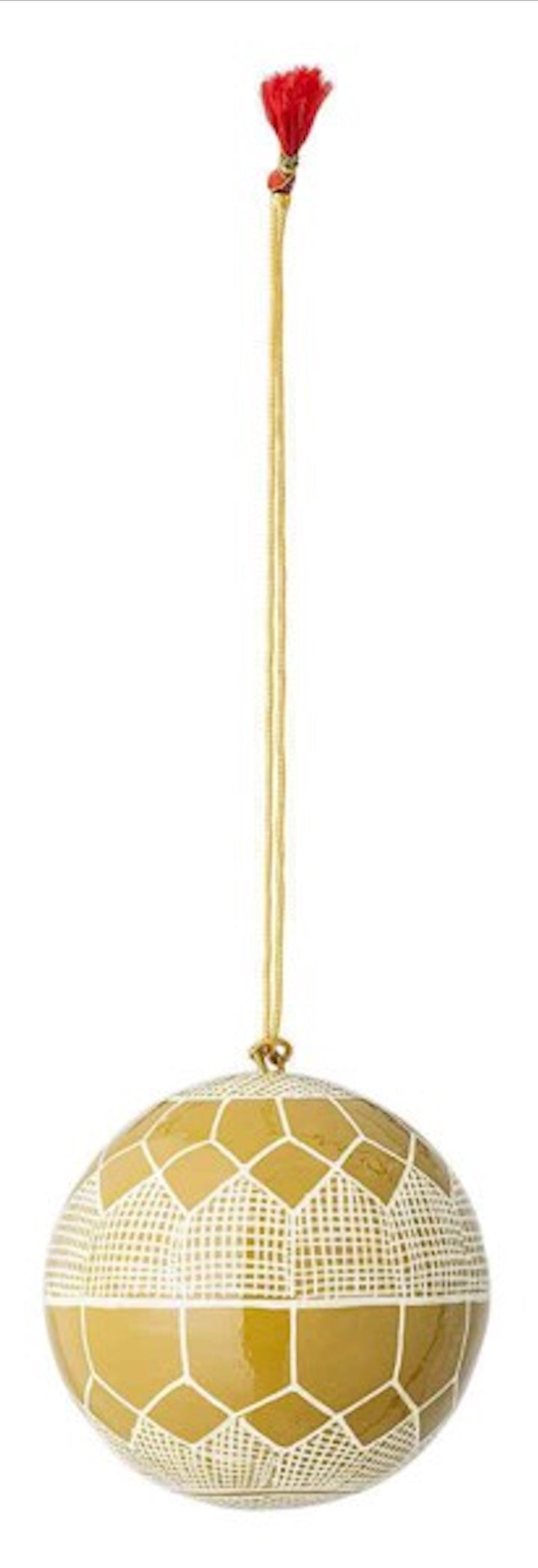 Pappmaché-Kugel D 7,5 cm mustard, grafisches Muster weiß