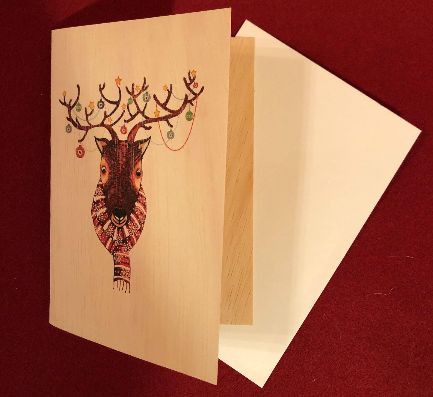 Forest Doppelkarte aus Holz, Hirschkopf weihnachtlich