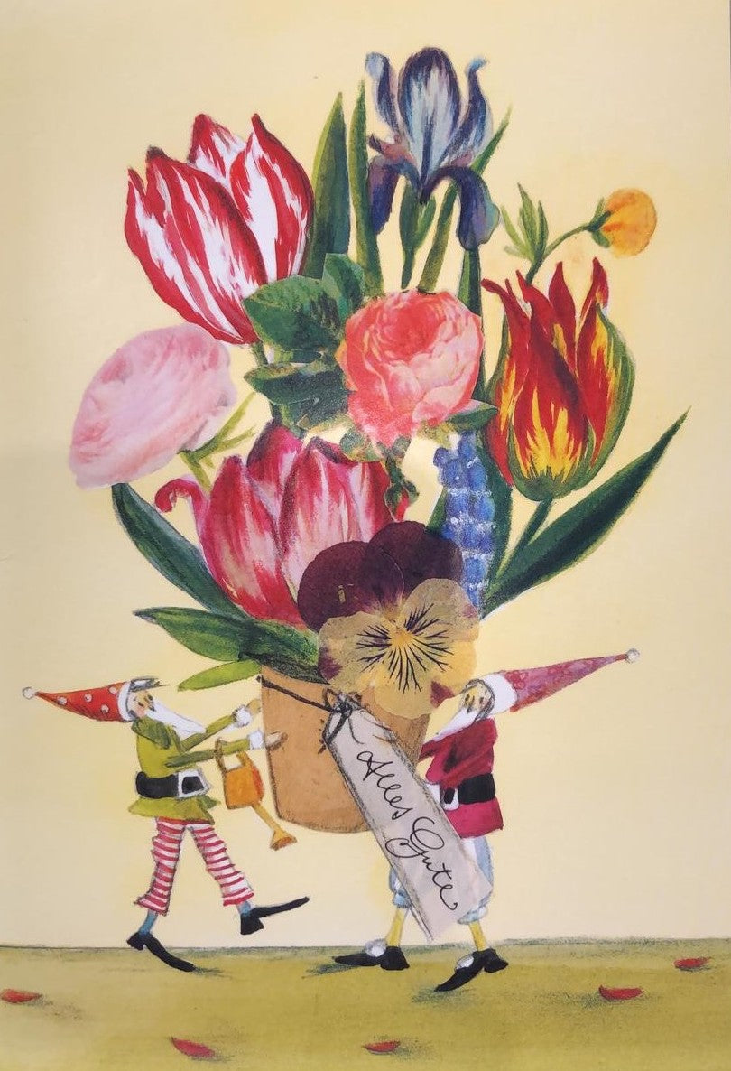 Doppelkarte Zwerge tragen Blumen mit Etikett Alles Gute