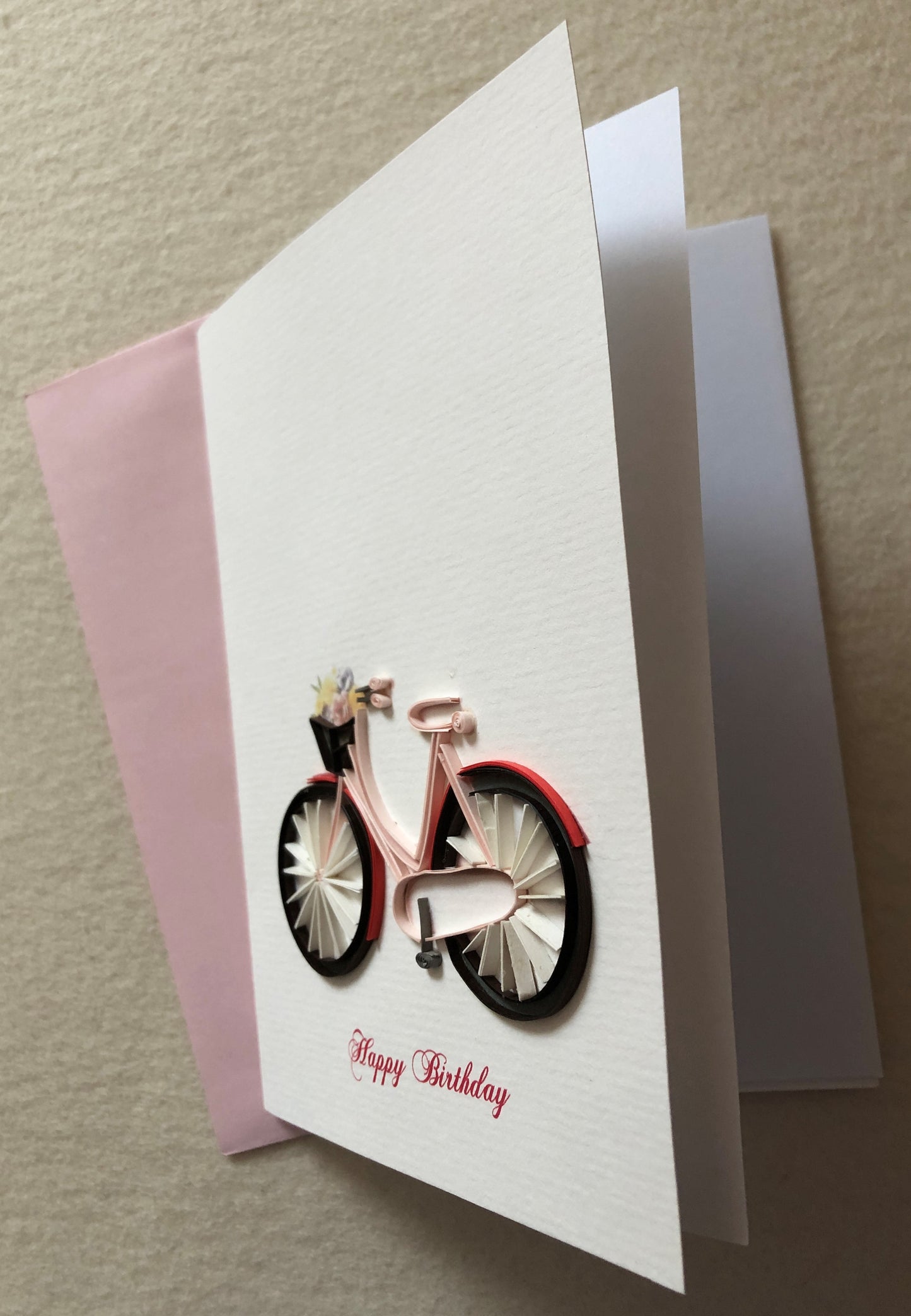Fahrrad Quilling Doppelkarte Bike rosa u.schwarz, Umschlag rosa