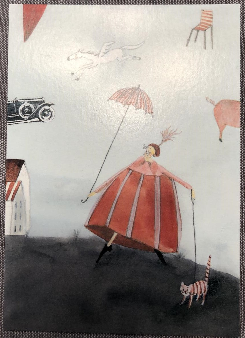 Postkarte Regendame mit Katze