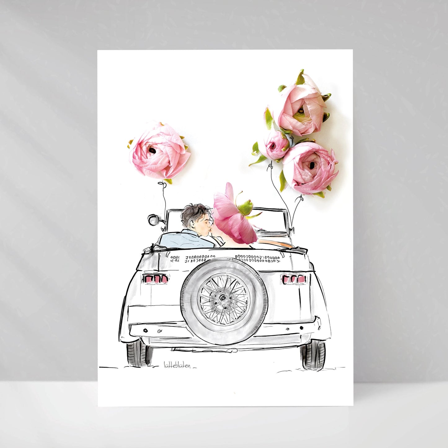 Postkarte mit Umschlag Hochzeitsfahrt mit Rosenschmuck