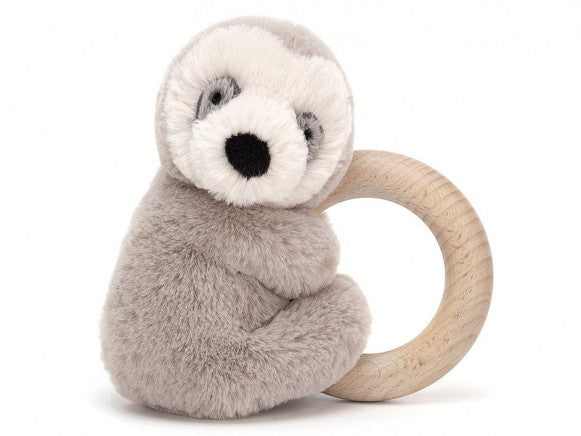 SLOW Faultier Kuschelspielzeug grau mit Holz-Beißring