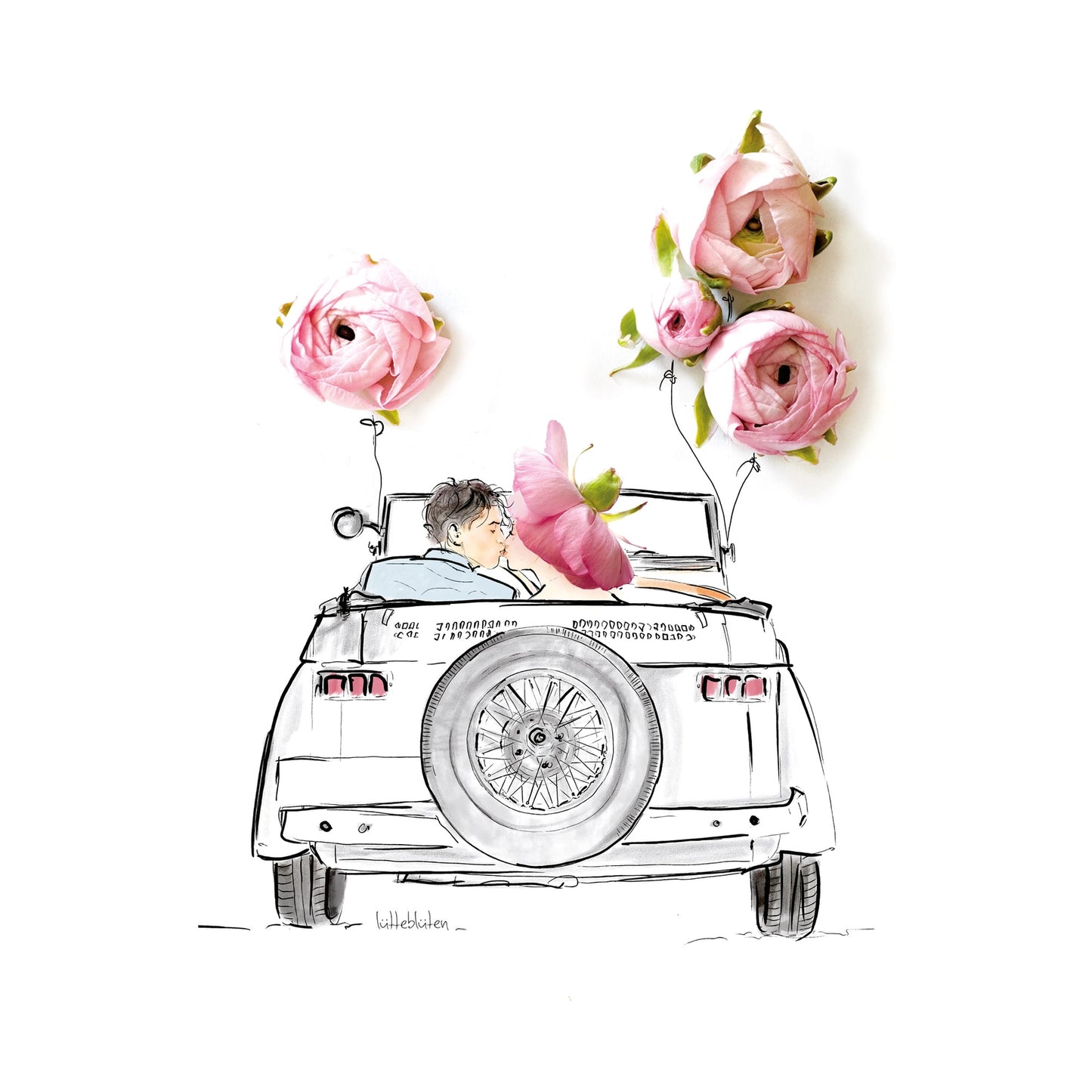 Postkarte mit Umschlag Hochzeitsfahrt mit Rosenschmuck