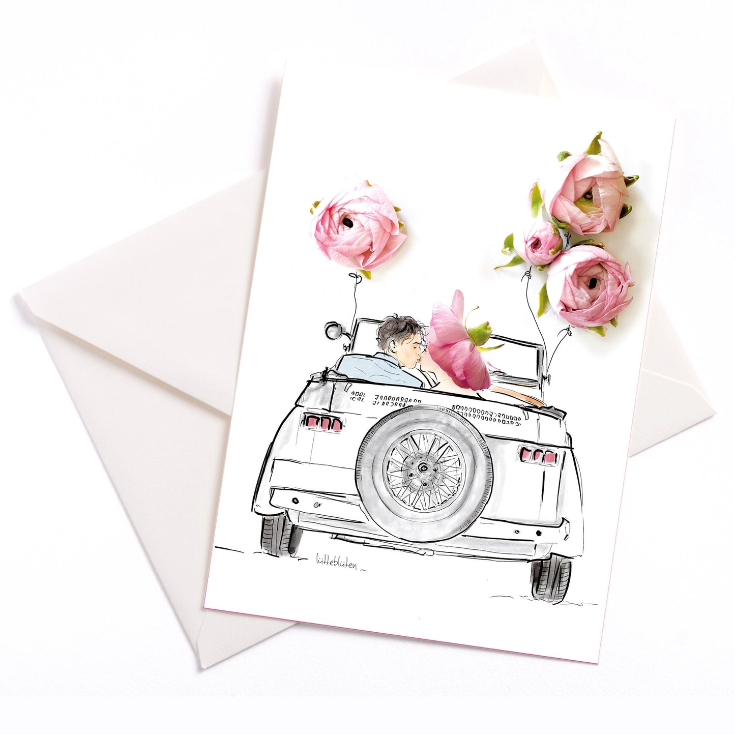Postkarte mit Umschlag Hochzeitsfahrt mit Rosenschmuck