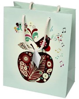 Geschenktüte Apfel mit Vogel, 19,5 x 11 x 24,5 cm, mint-bordeaux