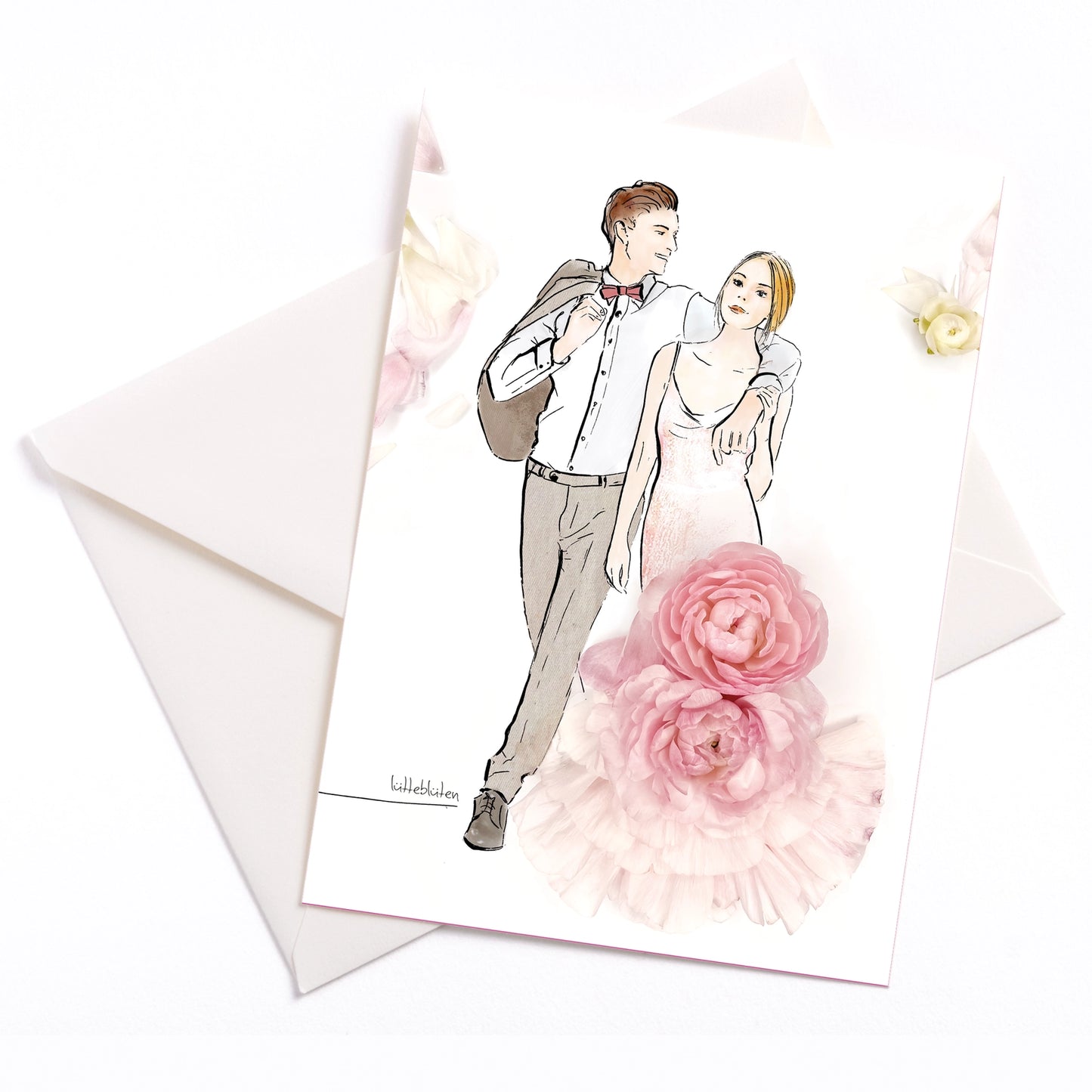 Postkarte mit Umschlag Brautpaar mit rosigen Aussichten