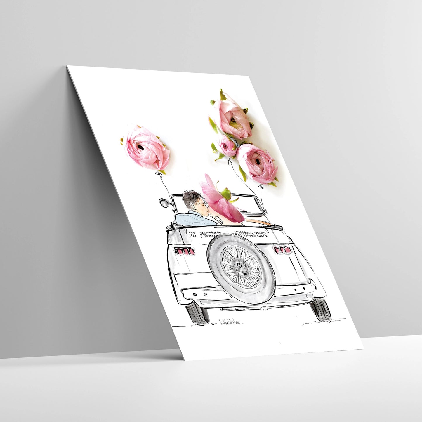 Postkarte mit Umschlag Hochzeitsfahrt mit Rosenschmuck