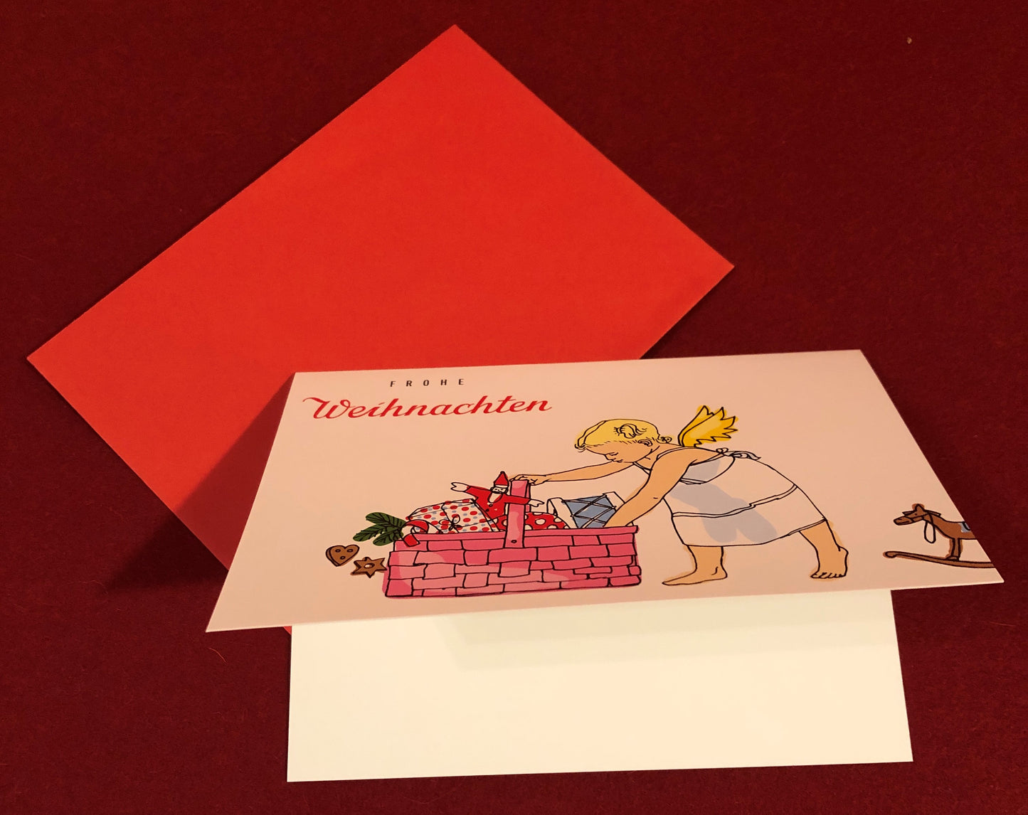 Doppelkarte Engel mit Geschenkekorb Frohe Weihnachten