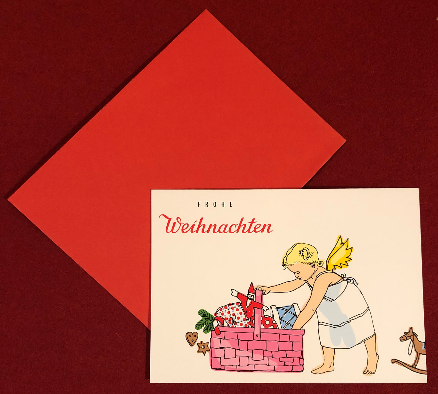 Doppelkarte Engel mit Geschenkekorb Frohe Weihnachten