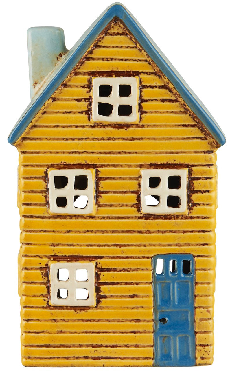 Teelichthaus Gelb, Dach und Tür hellblau
