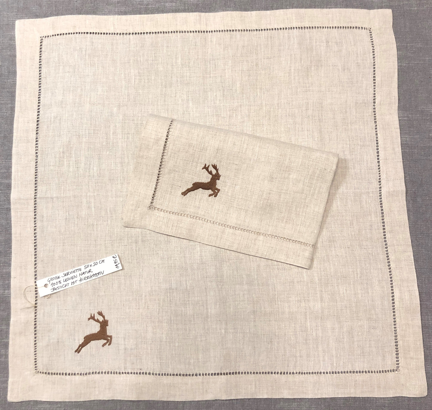 Forest Leinen-Serviette beige m. Hohlsaum u, Stickerei Hirsch braun