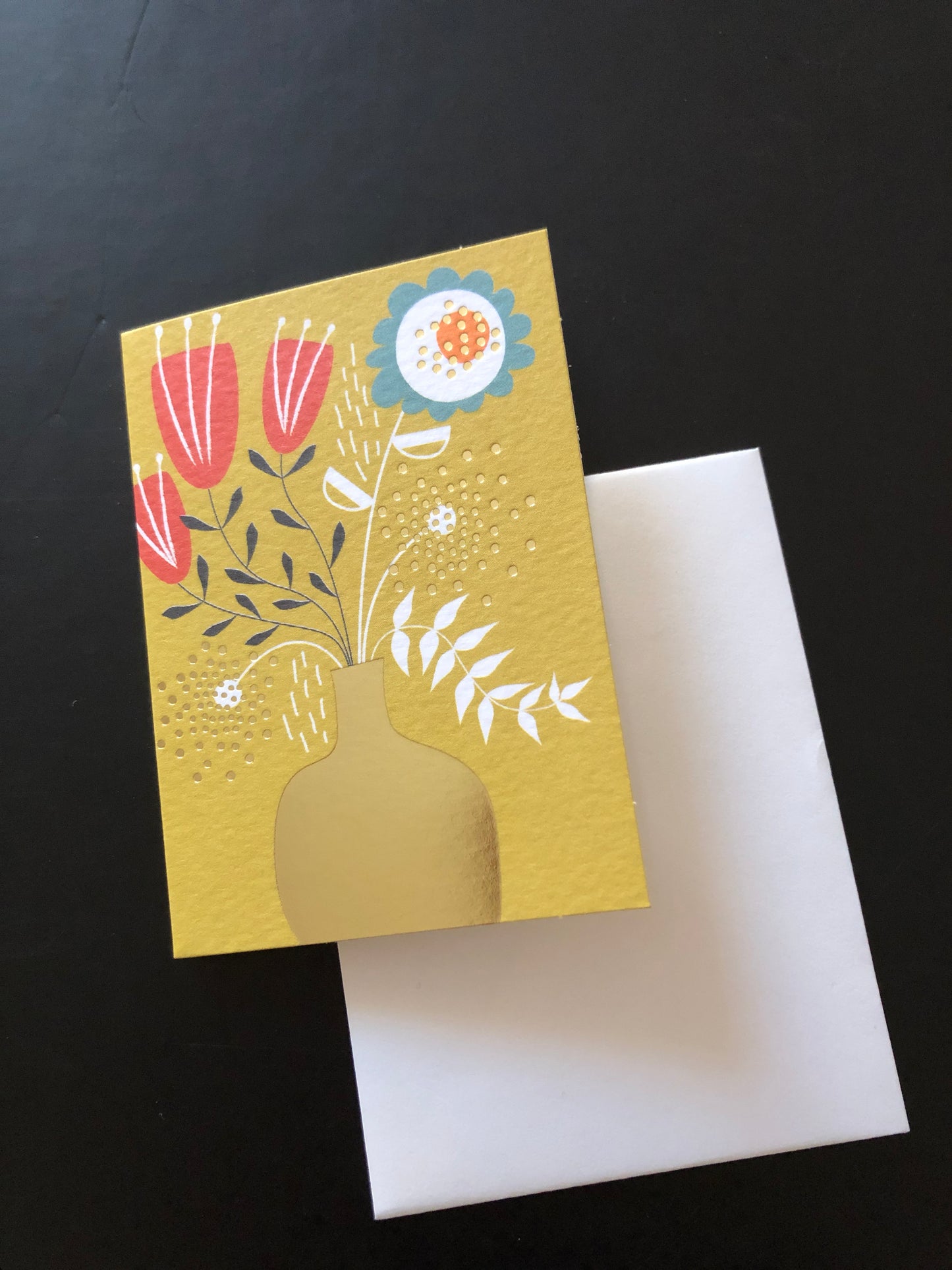 Mini-Doppelkarte Blumenvase retro gold-mustard