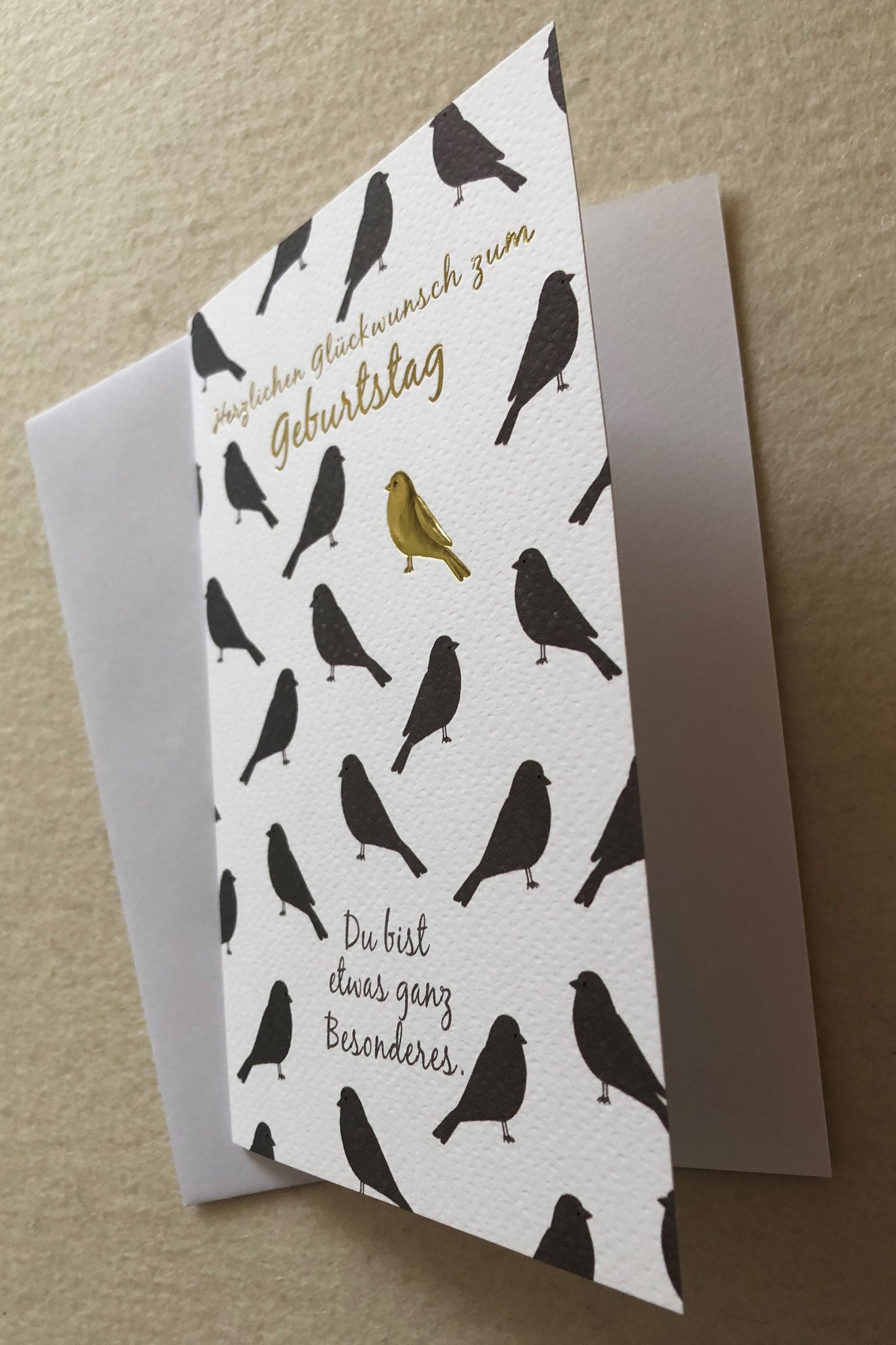 Geburtstag Birdy Doppelkarte Vögel weiß-grau-gold