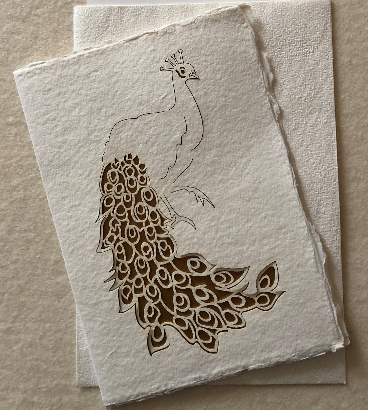 Birdy Pfau Bütten-Doppelkarte, Einleger gold