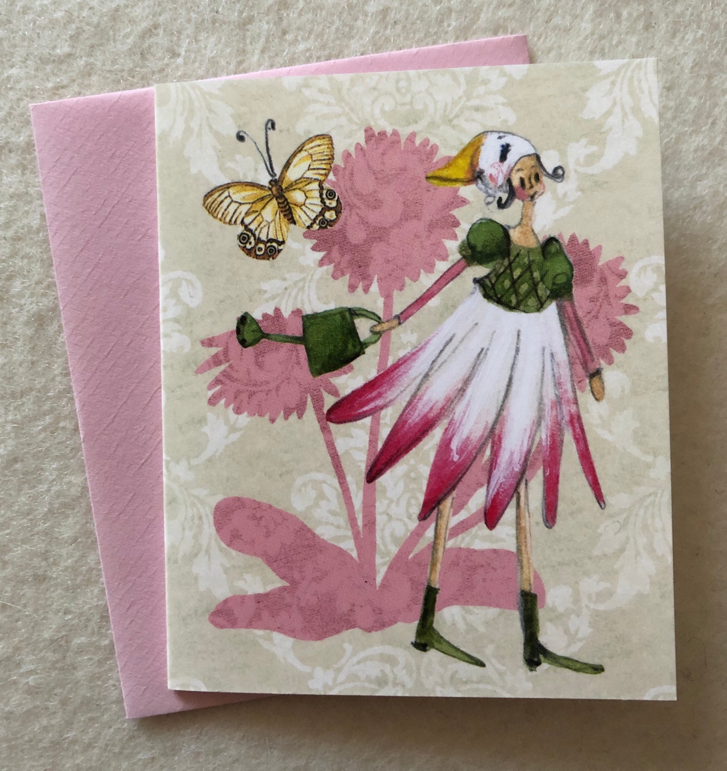 Mini-Doppelkarte Rosa Blütenfrau mit Schmetterling