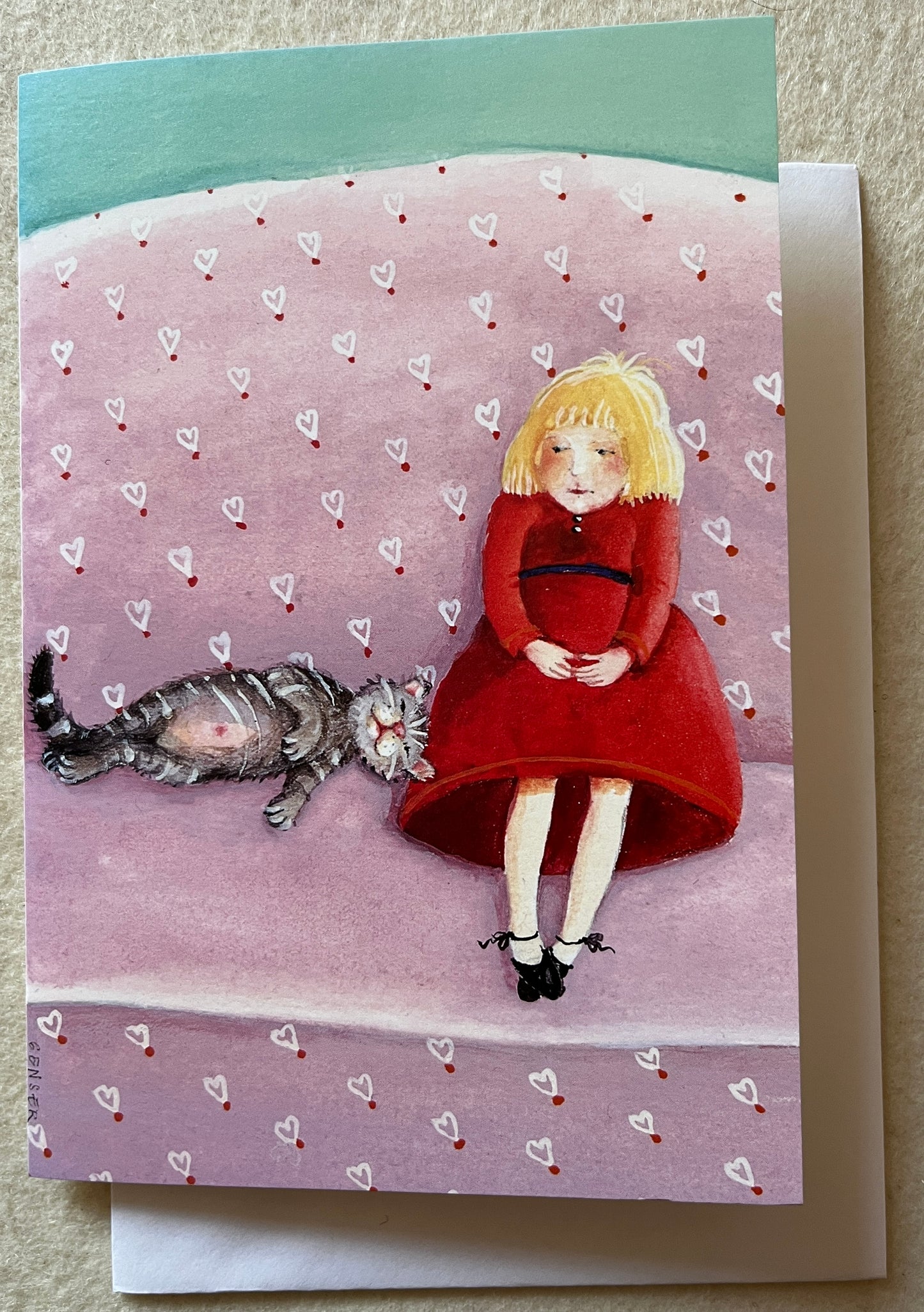 "Miau" Doppelkarte Schmusekatze mit Mädchen
