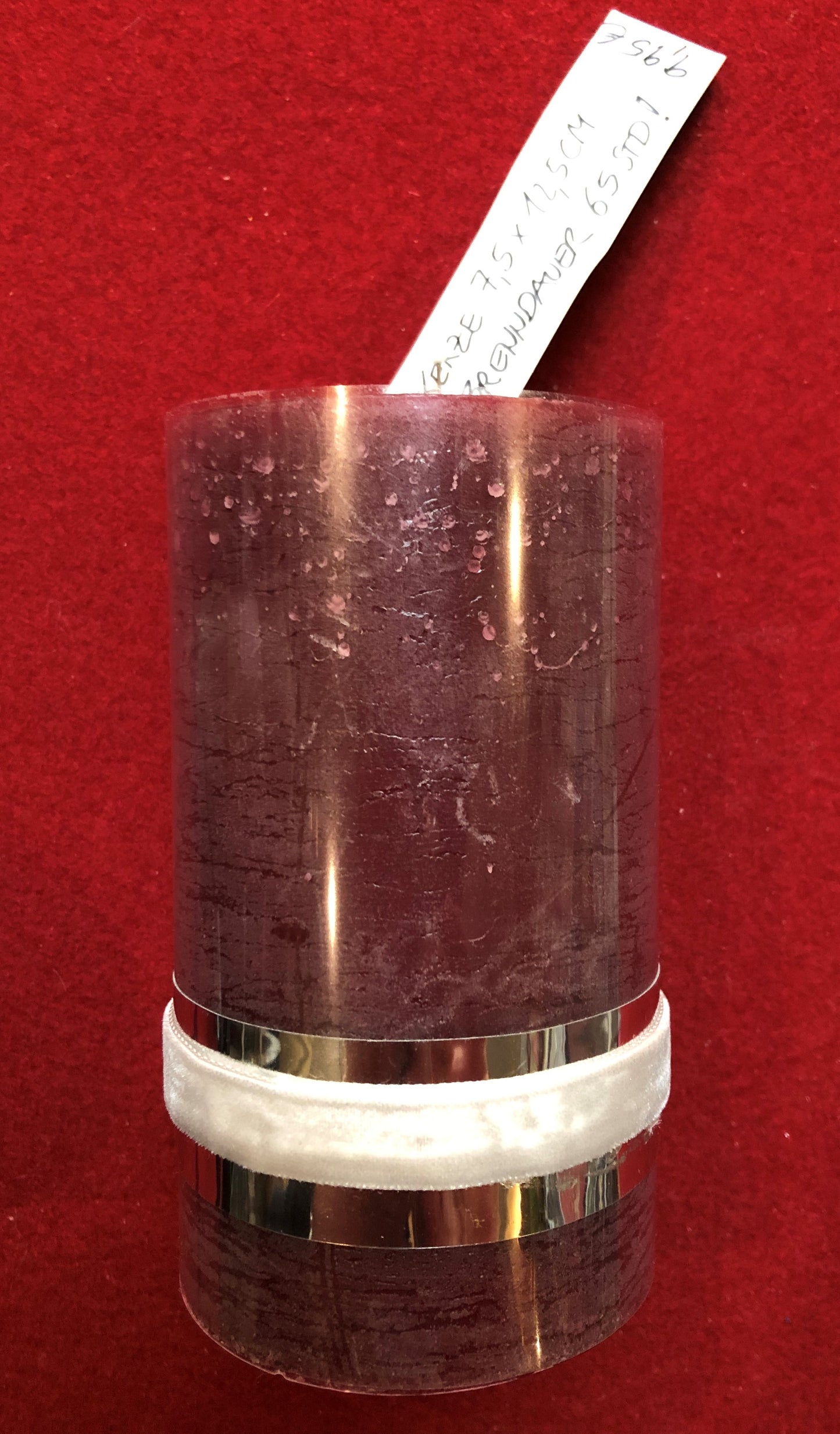 Zylinder-Kerze  D 7,5 cm, H 12,5 cm, bordeaux, aus Paraffin, brennt 65 Stunden