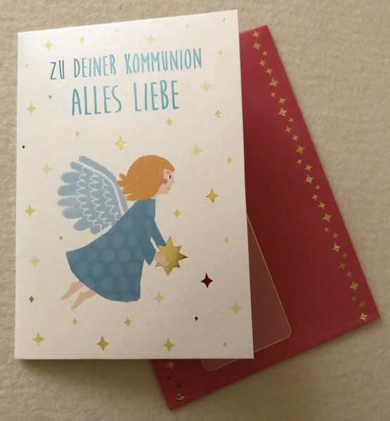 Doppelkarte Kommunion, reich illustriert, Motiv blauer Engel