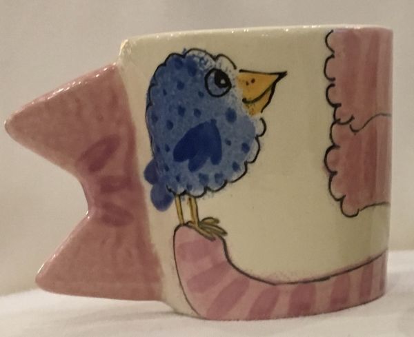 "Miau" handbemalte Keramik-Espressotasse rosa Katze mit Vogel