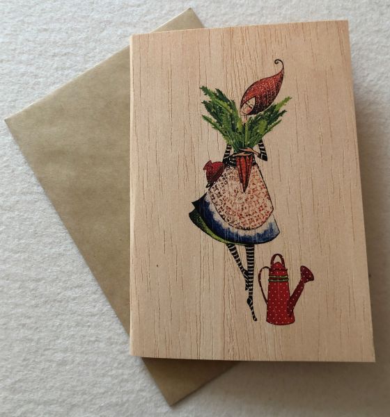 Gartenfreude Holz-Doppelkarte Gartenfrau mit Möhrenstrauß