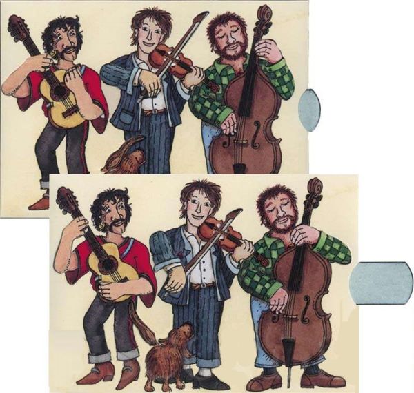 Leporellokarte 3 Musiker m. Hund, B 15,4 cm inkl. Ausziehlasche, L 10,5 cm