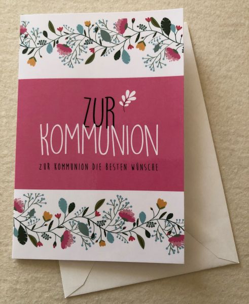 Doppelkarte z. Kommunion d. besten Wünsche, rosa, Blumenmuster