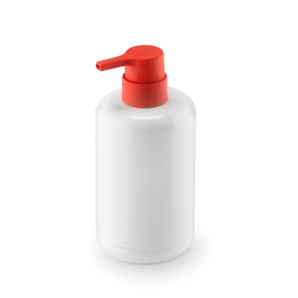 Seifenspender Kunststoff rot-weiß, D 8 cm, H 14 cm, Füllmenge 300 ml