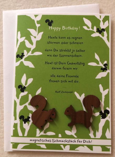 Forest Doppelkarte Happy Birthday m. Magnetansteckern Eichhörnchen