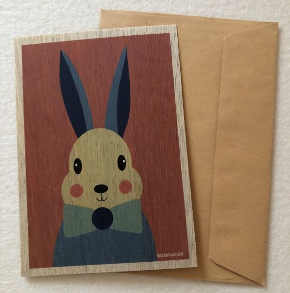 Langohr Holz-Postkarte Hasenmotiv, mit Stift zum Gestalten, 11,3 x 16,2 cm