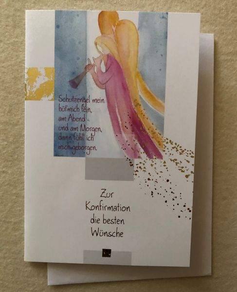 Doppelkarte Konfirmation hellblau-rosa-gelb, Motiv Engel mit Flöte