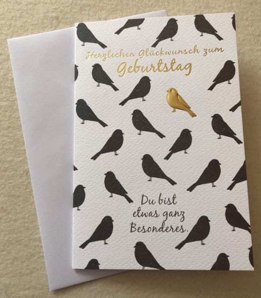 Geburtstag Birdy Doppelkarte Vögel weiß-grau-gold