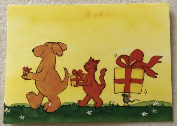 Tierfreunde Postkarte Hund, Katze, Maus gratulieren