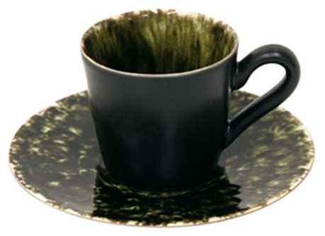 Keramik-Espressotasse mit Untertasse, dkl-grün glänzd. / schwarz matt