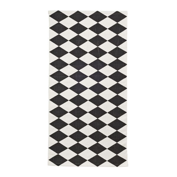 Baumwoll-Webteppich Rautenmuster schwarz-weiß, 65 x 120 cm