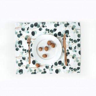 Tischset weiß mit Eukalyptusmotiv 35 x 45 cm, 100 % Leinen