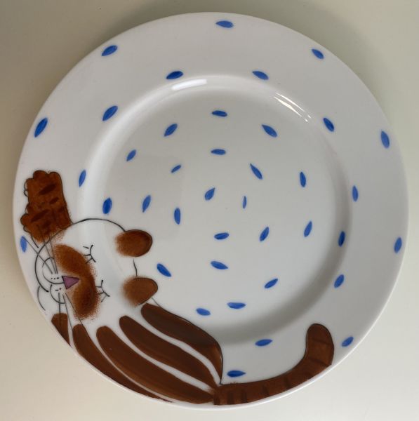 "Miau" handbemalter Porzellan-Dessertteller Katze braun