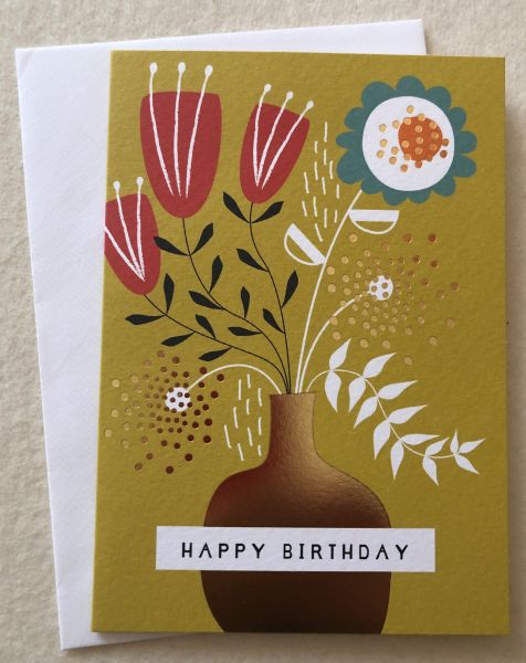 Geburtstag Doppelkarte HAPPY BIRTHDAY Blumenvase retro gold-mustard