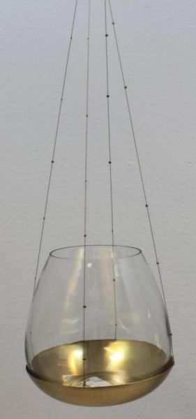 Glas-Teelicht-Hänger 15 cm gold, H mit Aufhängung 56 cm